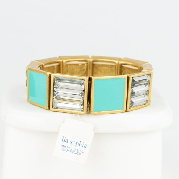 Turquoise Enamel Cut Crystal Stretch Bracelet Gold Tone Lia Sophia Designer Line - Picture 4 of 5